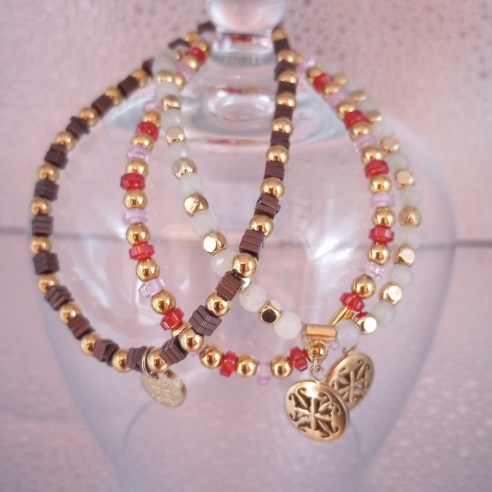 Rustic Cuff Gold and Red Beaded Bracelet Set